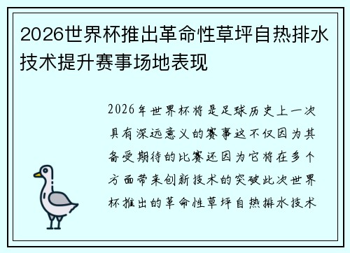 2026世界杯推出革命性草坪自热排水技术提升赛事场地表现