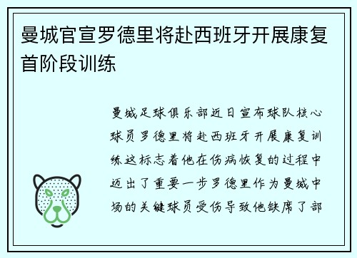 曼城官宣罗德里将赴西班牙开展康复首阶段训练