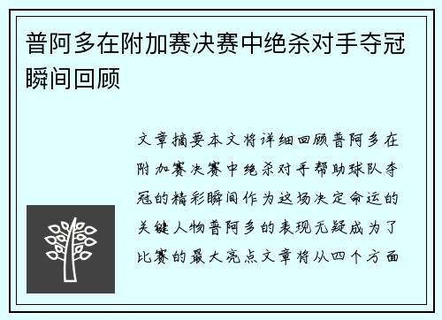 普阿多在附加赛决赛中绝杀对手夺冠瞬间回顾